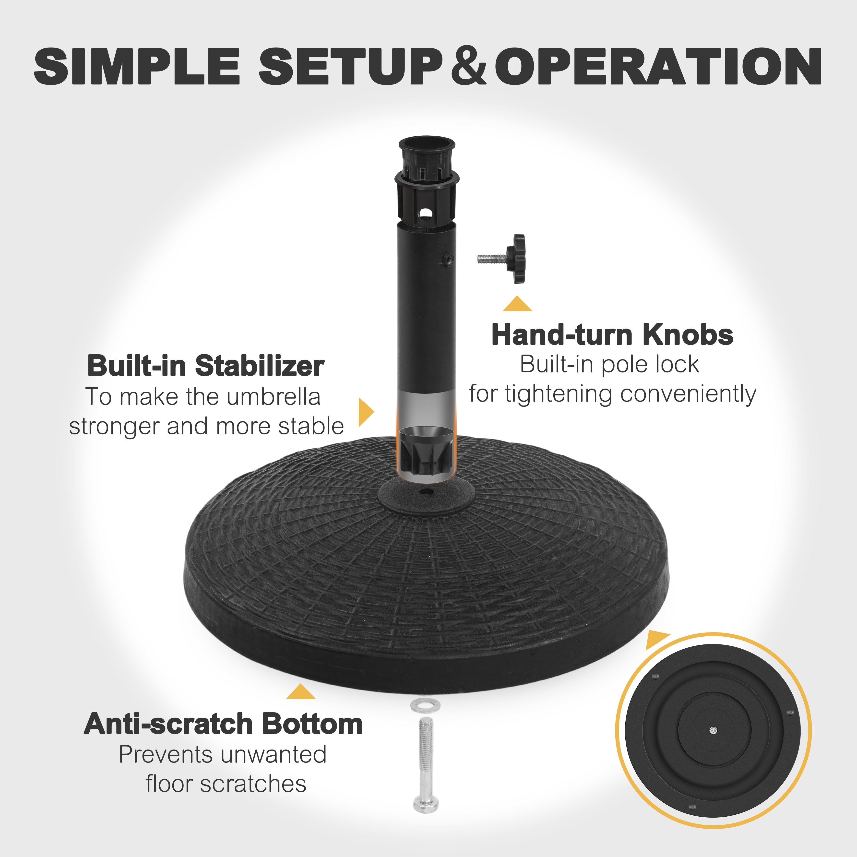 Nuu Garden Outdoor 22 lb, 18'' Round Patio Umbrella Base, Weighted Umbrella Stand with Hand-turn Knob, Weather-resistant Resin and Concrete, for Patio Umbrellas with Φ1.5''-1.9'' Poles, Black