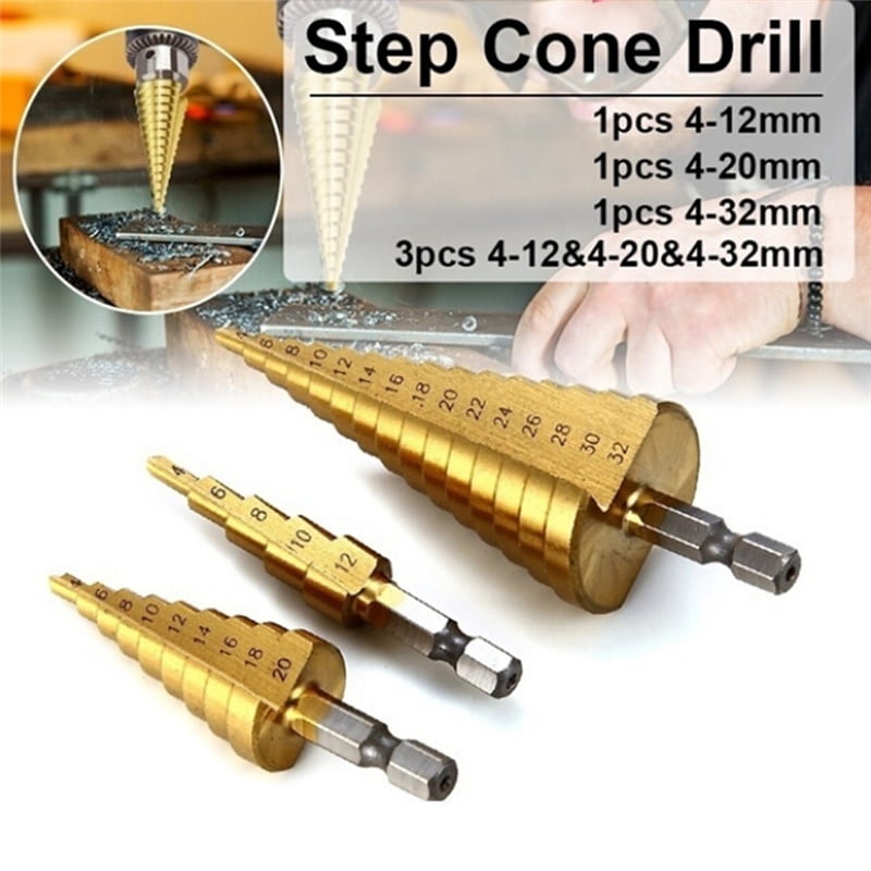 3Pcs HSS Drill Bits Steel Large Step Cone Hole Cutter Titanium Set 4-12/20/32mm 