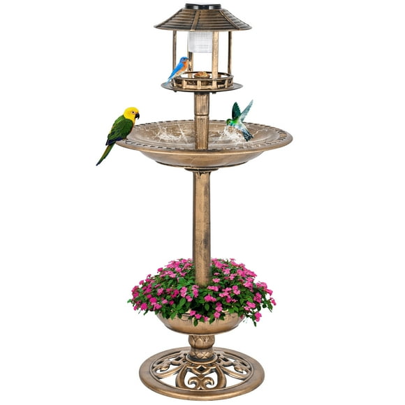 42" Height Solar Bird Bath, Resin Plastic Birdbath with LED Light and Flower Planter Base, Weather-Resistant with 3 Ground Stakes for Garden Yard Outdoor Decoration