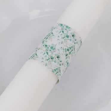 Efavormart 50 Pack White Green Paper Napkin Rings with Eucalyptus Leaves Print, Disposable Napkin Holders Bands - 1.5"