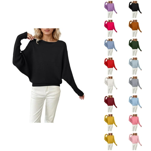 Pullover Sweaters for Women 2025 Long Batwing Sleeve Crewneck Oversized Plain Knitted Sweater Tops Fall Winter Outfits