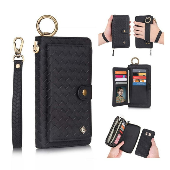 Galaxy S8 Wallet Detachable Case, Dteck [wrist band][14 Card Slots] Zipper Purse Phone Case Multi-functional Folio Flip Weave PU Leather Removable Magnetic Back Cover For Samsung Galaxy S8,Black