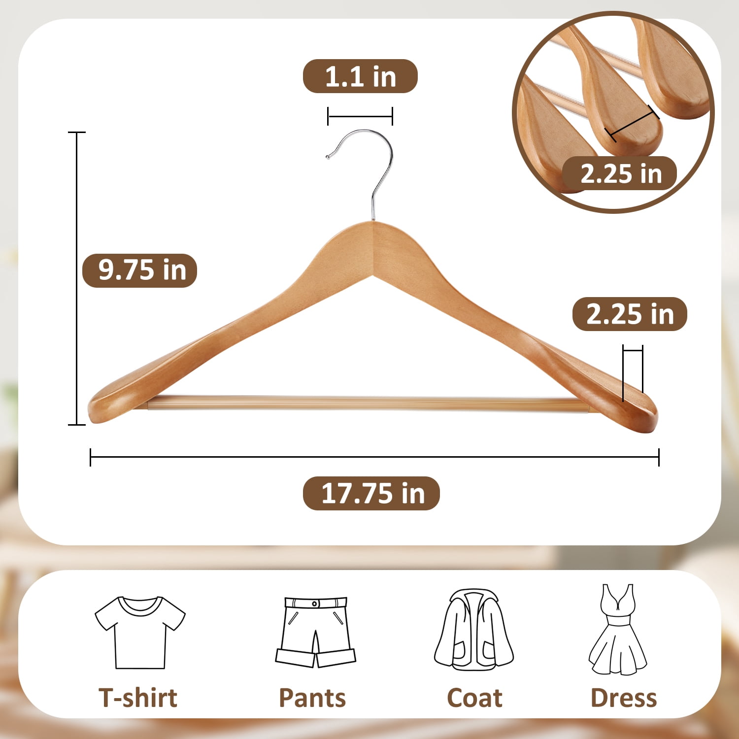 BagDream 8 Pack Wide Shoulder Wooden Hangers Coat Hangers with Non Slip Pants Bar, Solid Wood Jacket Clothes Hangers Smooth Finish for Sweater, Pants, Heavy Clothes, Natural