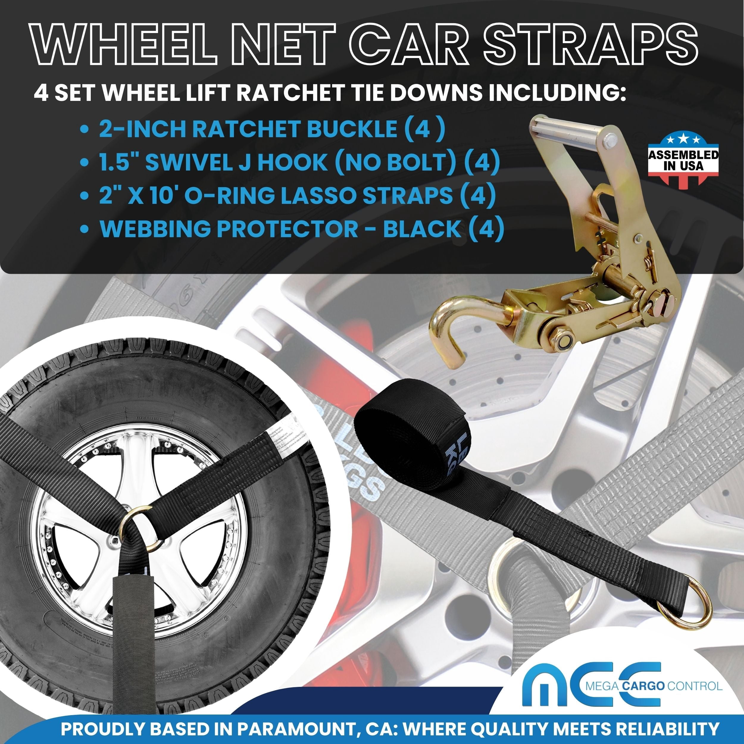 Mega Cargo Control Side Mount Wheel Net Straps with Swivel J Hook Ratchet Buckles, 2" x 10' O-Ring Lasso Strap, 4 Pack, Black