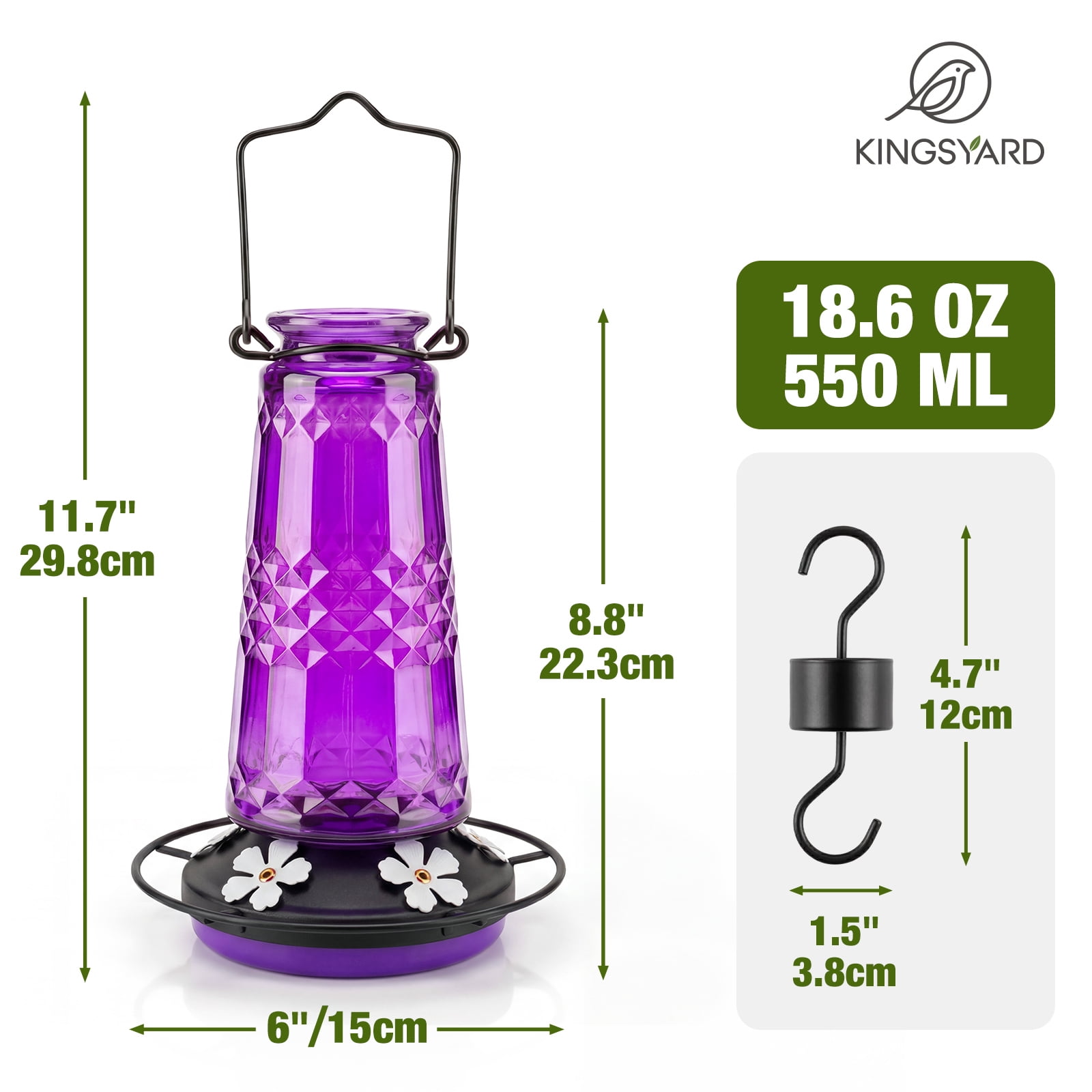 Kingsyard 18.6 oz Purple Glass Hummingbird Feeder, 5 White Ports, Ant Moat Included