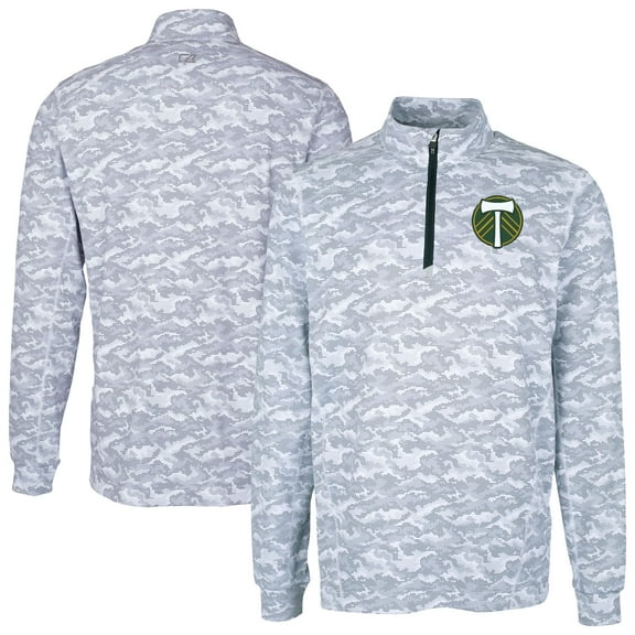Men's-Cutter & Buck  Charcoal Portland Timbers Traverse Stretch Eco Camo Print Quarter-Zip Top