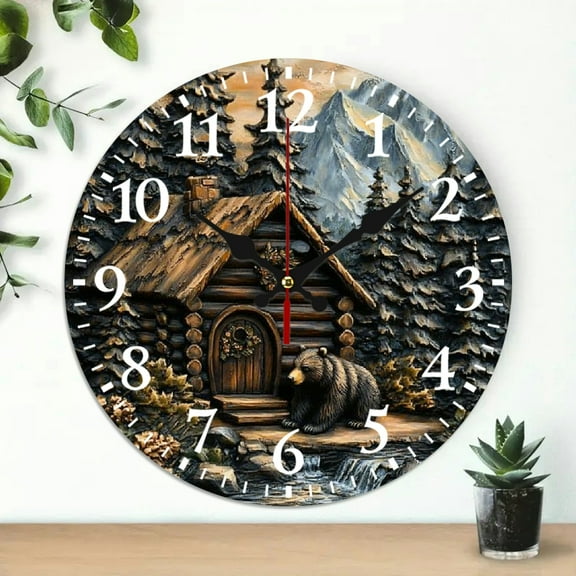 Bear pine trees cabin Wooden Wall Clock, Battery Operated (AA Not Included) Wall Decor for Linving Room, Perfect for Living Room, Dorm, Bedroom, Kitchen, Home Office & More, Wall Clock Living Room