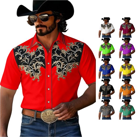 LIIPEE Western Cowboy Floral Graphic Shirt For Men Short Sleeve Turn Down Collar Button Up Shirts Male Comfortable Breathable Tops,XXXXL