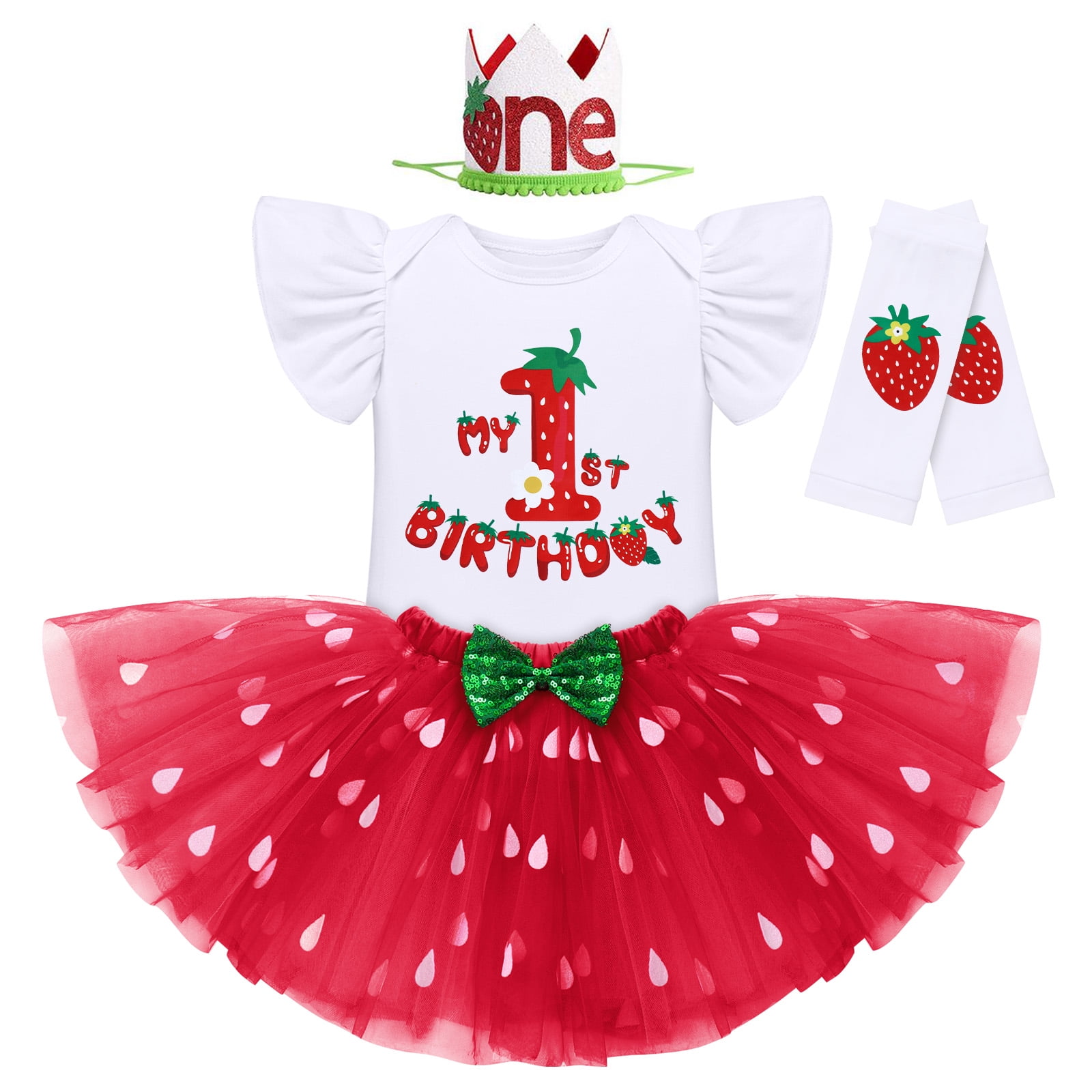 IBTOM CASTLE Baby Girls Strawberry 1/2 1st 2nd 3rd Birthday Outfit Romper Tutu Skirt Headband Leg Warmers for Cake Smash Photo Shoot 1 Year Red Strawberry - 1st Birthday