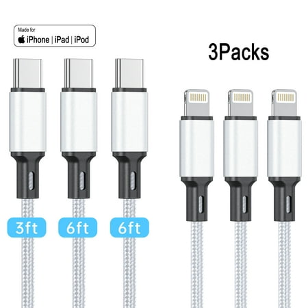 [Apple MFi Certified]USB C to Lightning Cable, 3Pack 3/6/6FT iPhone Fast Charger Cable, Nylon Braided Type C Charging Cord Compatible iPhone 13 13 Pro Max 12 12 Pro Max 11 XS iPad AirPods Pro(Silver)