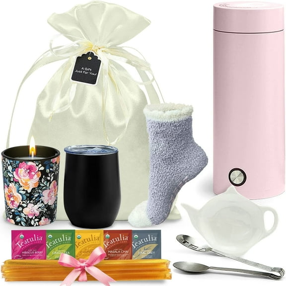 Tea Gift Basket for Women Birthday Gift Set with Portable Kettle and Grippie Socks