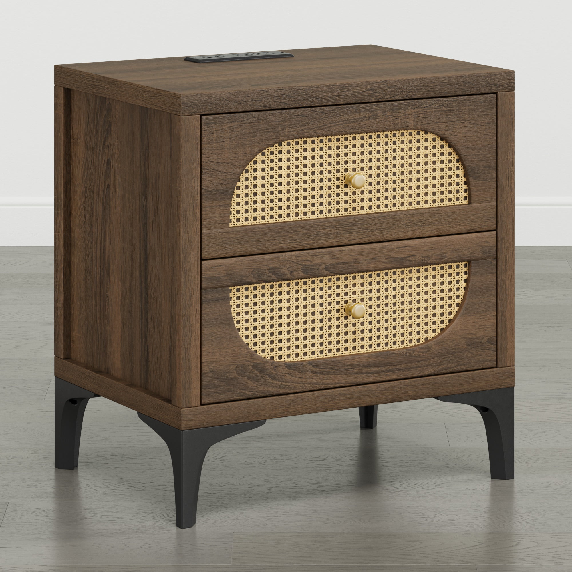 Spruce & Spring Boho Nightstand, 2-Drawer End Table with Charging Station, Rattan Front, Columbia Brown Wood Finish