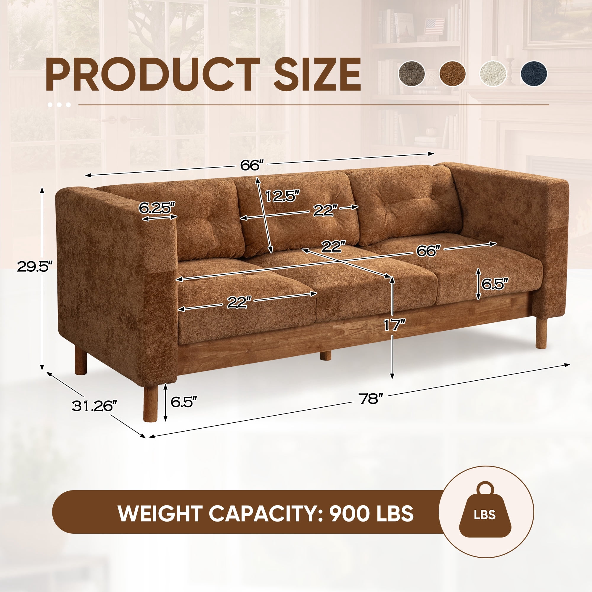 Lunale 78" Chenille 3-Seater Sofa, Modern Mid‑Century Upholstered Couch for Living Room, Apt., Tufted Design & Wood Legs, Brown