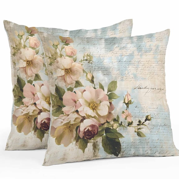 Pink Floral Spring Waterproof Outdoor Throw Pillow Covers 20''x20'' Pack 2, Pillow Cases Throw Cushion Cover with Zipper, Vintage Watercolor Botanical Washable Pillowcase for Poolside Sofa