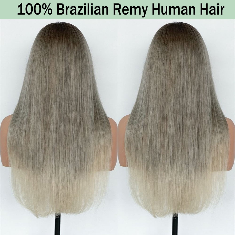 Mscathy Layered Straight Beige Ombre Hightlight Wigs Human Hair Ash Blonde 13x4 HD Transparent Lace Front Wig Human Hair 180% Density Pre Plucked Natural Hairline Remy Human Hair Wig With Baby Hair