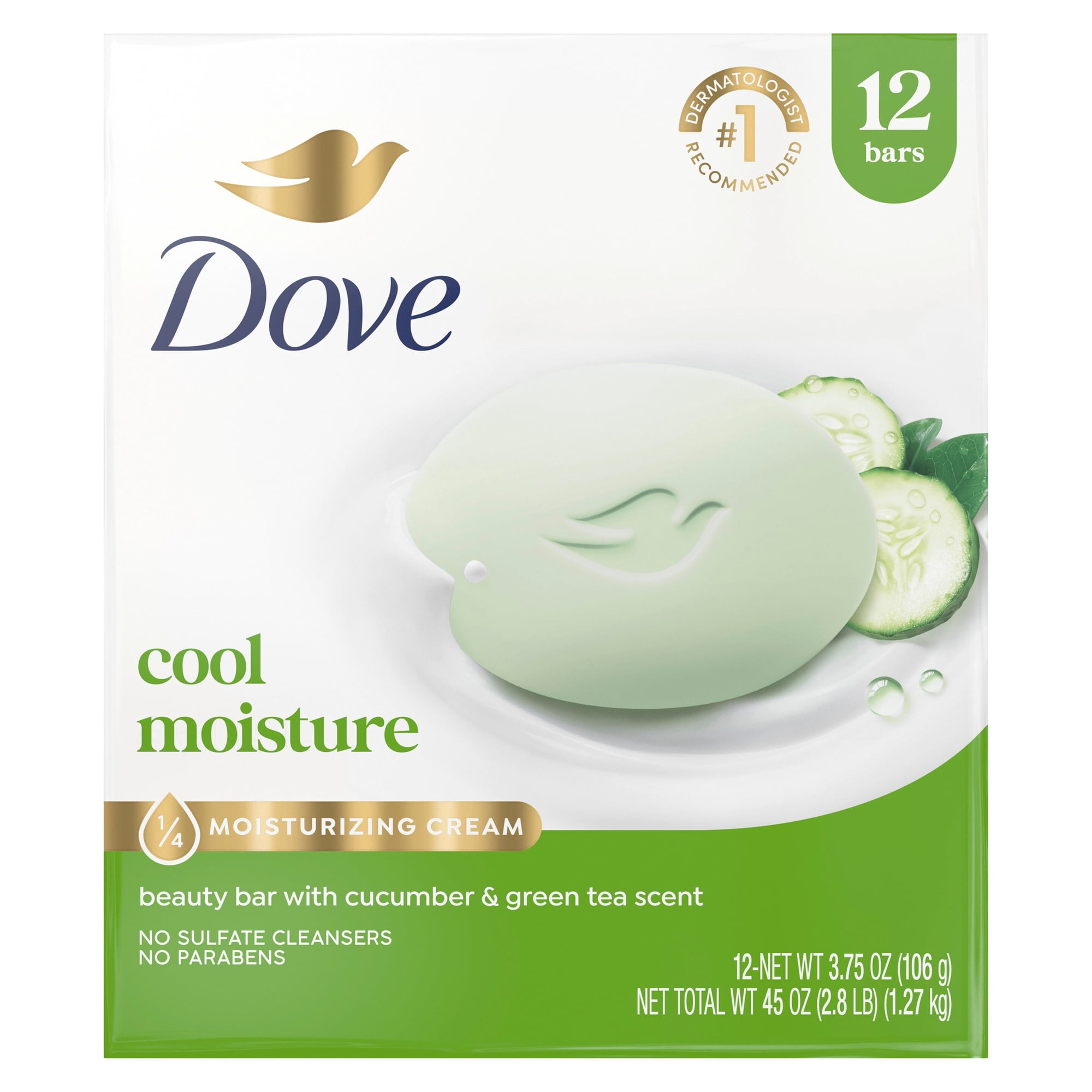 Dove Beauty Bar Soap For Refreshed Skin, Cool Moisture Cucumber & Green Tea Scent, Leaves Skin Refreshed, 3.75 oz 12 Bars