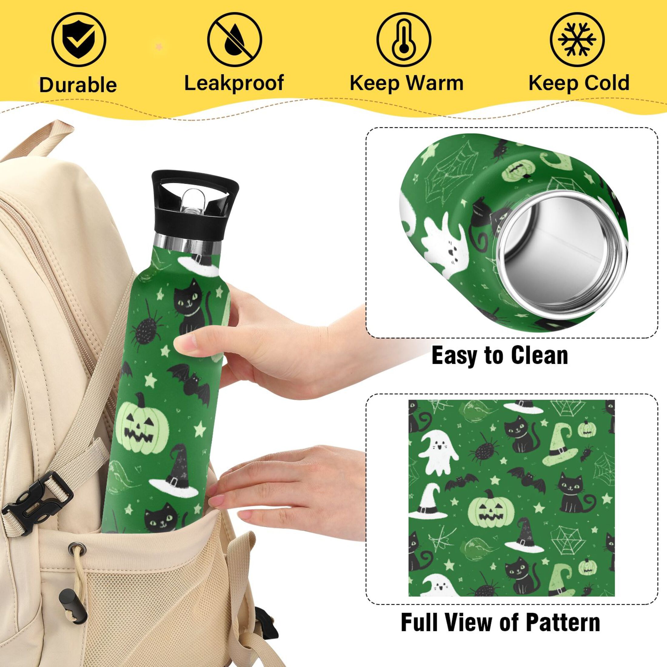 Kids Insulated Stainless Steel Sports Water Bottle 600ml (20oz) Green Halloween-themed Pattern