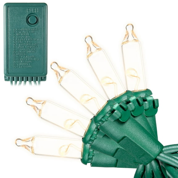 Novelty Lights RetroGlo® Clear LED Multi-Function 46.5ft Chasing Christmas Lights, 140 Bulbs on Green Wire, Vintage Style, 2700K Warm White Core