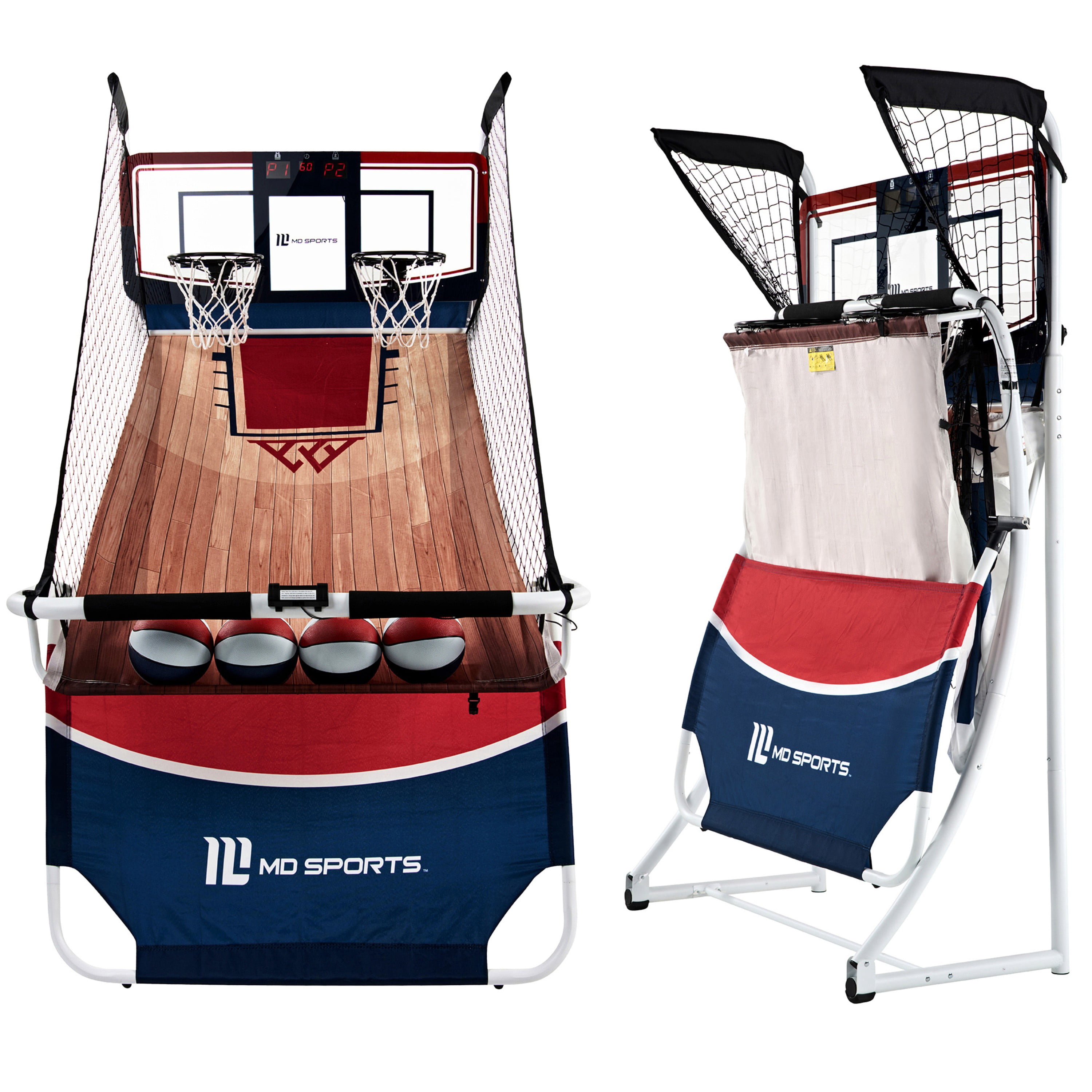 7-ft EZ-Fold Dual Shot Basketball Arcade Game with LED Scoreboard, 2 Steel Hoops, 8 Game Modes, Indoor Game Room Set by MD Sports
