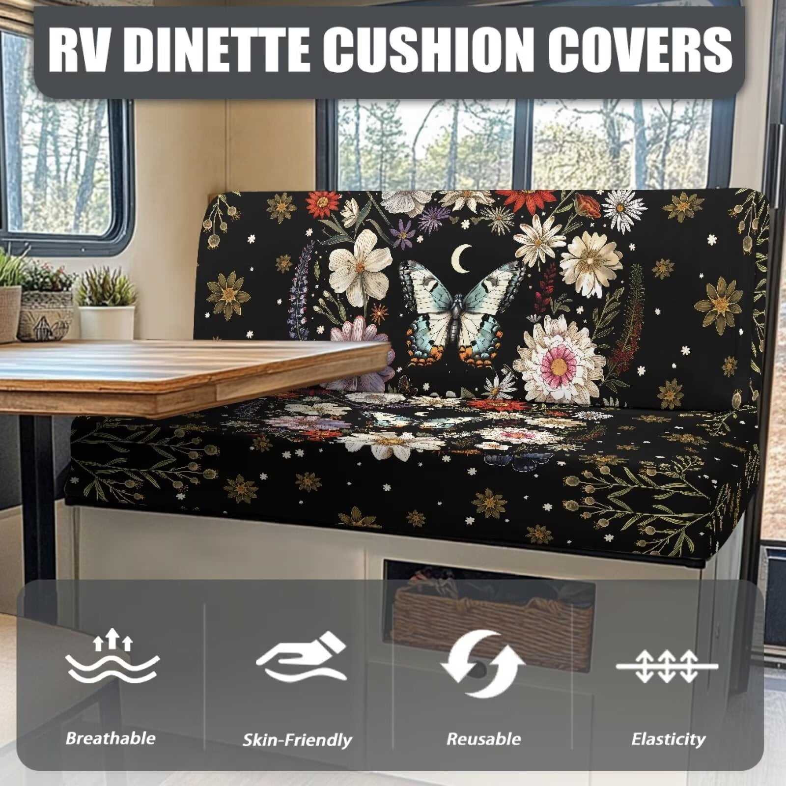 XYZCANDO Butterfly Floral RV Dinette Cushion Covers Comfortable Couch Cover 2 Cushion Sofa Universal RV Accessories Stretchable RV Dinette Cushions for Women Slip Covers for Loveseat Black