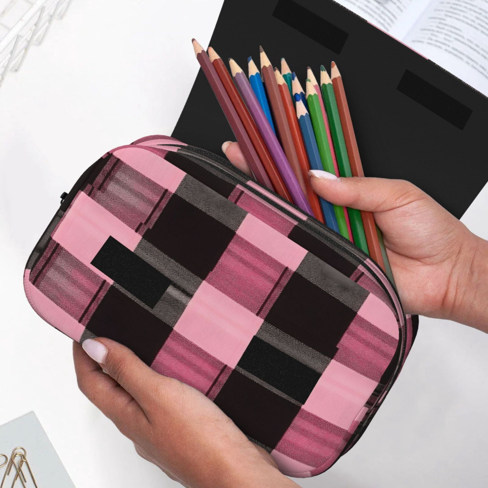 Large-Capacity Flip-Top Double-Layer Pencil Case, Multi-Functional Pocket Pen Case, Durable Stationery Organizer Hotpink Buffalo Plaid Check Tartan Scotland_4