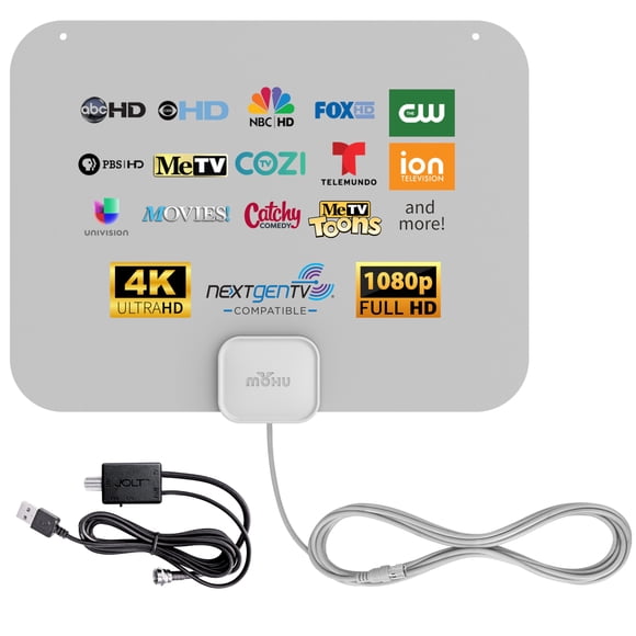 Mohu Leaf Amplified – Ultra-Thin Indoor TV Antenna, 60-Mile Range, Jolt Switch Amp, UHF VHF, Multi-Directional, 4K UHD, NEXTGEN TV - w/ 12 ft.