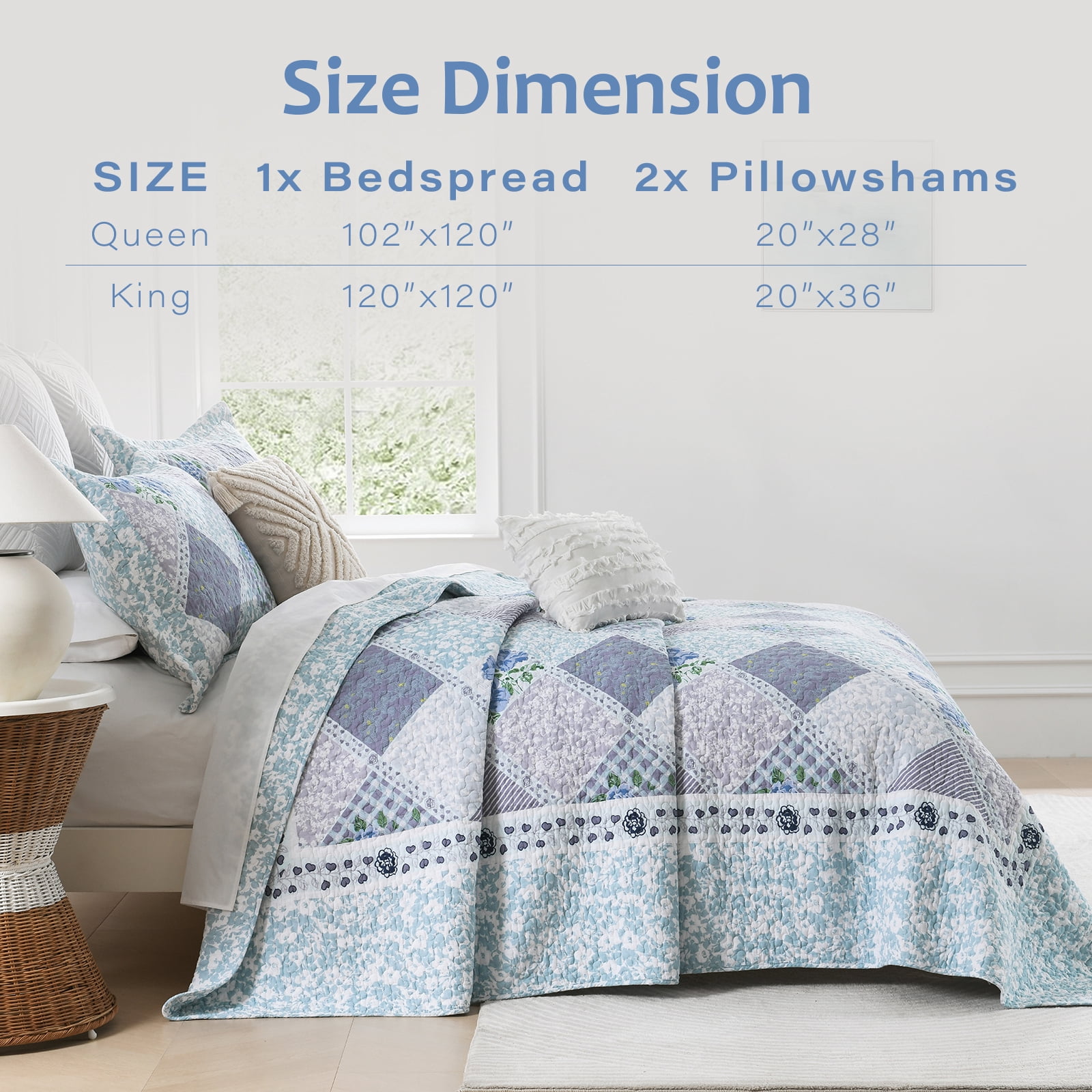 DUOHONG Floral Bedspreads King Size 120"W x 120"L - 100% Cotton Reversible Oversized King Quilt with 2 Pillow Shams, Farmhouse King Bedspread Lightweight Bedding Set, Blue/Light Blue, King