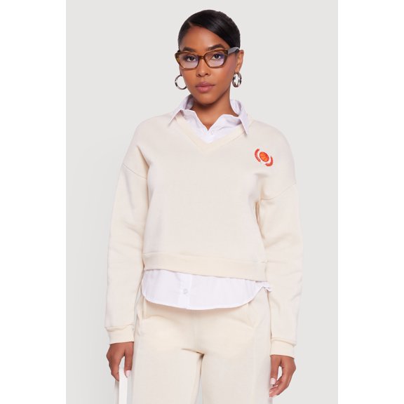 Women's Graphic Detail Layered Look Shirt Collar Sweatshirt