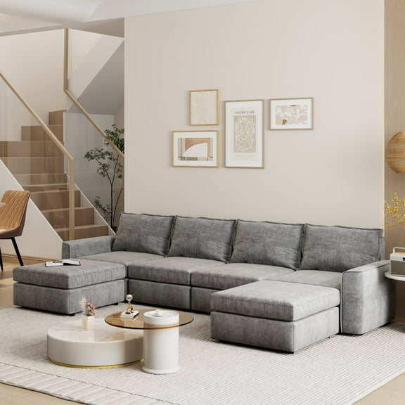 EUROCO 2100LBS 115" 6 Seat U Shaped Reversible Sectional Sofa Couch, Chenille Modular Sleeper Sofa Bed with Ottoman, Free Combination Convertible Indoor Furniture