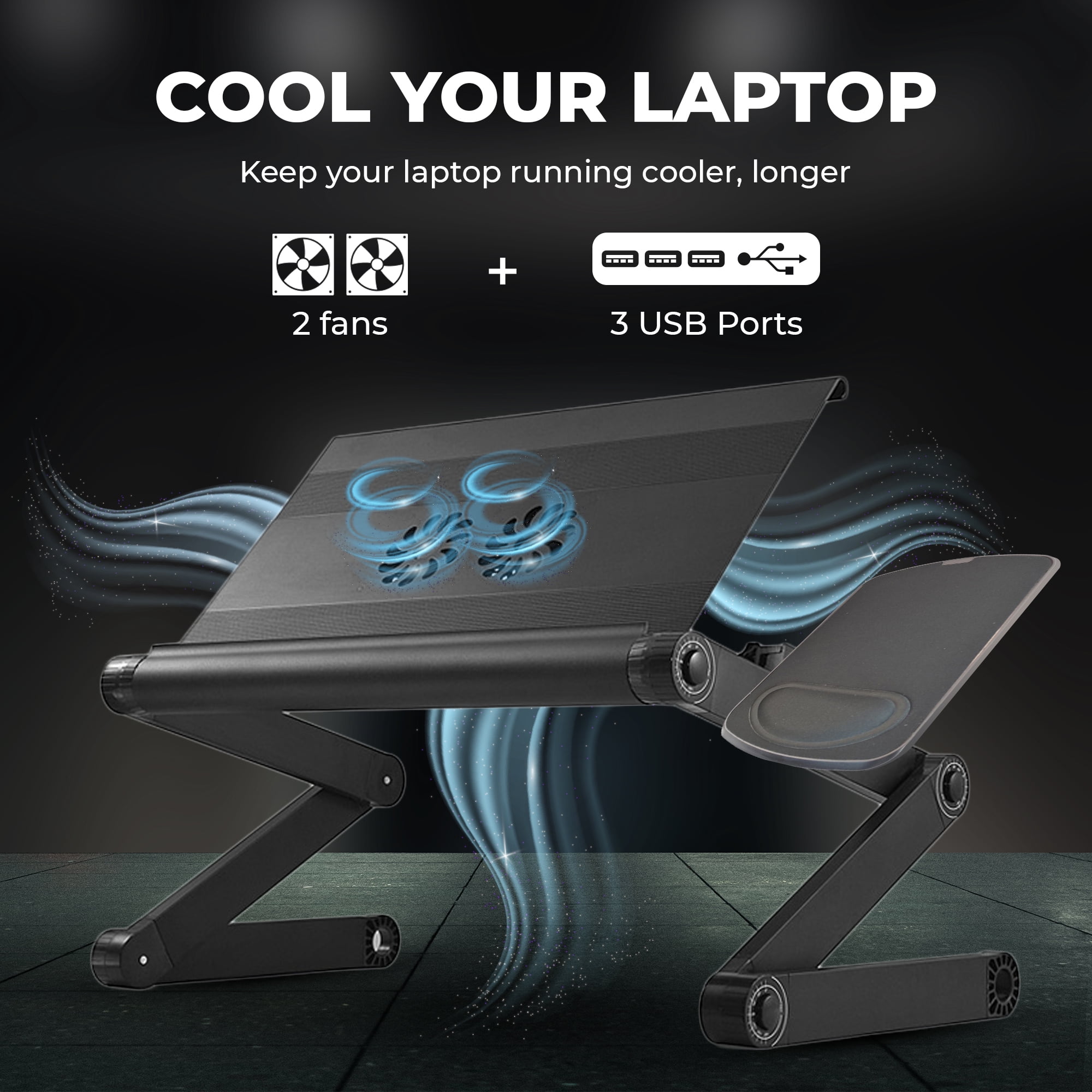 WorkEZ Cool Adjustable Laptop Cooling Stand with Dual Fans, 3 USB Ports & Mouse Pad – Portable Aluminum Laptop Desk for Bed, Couch, or Standing Workstation (Black)