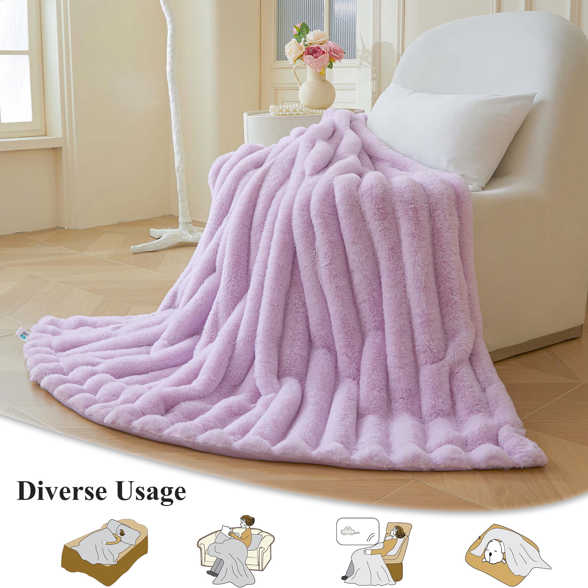 XeGe Fluffy Faux Rabbit Fur Bed Blanket, Soft Wide Stripe Plush Fuzzy Throw for Couch Sofa, Light Purple Shaggy Throw Bedroom Living Room, Large Furry Blanket for Kids Girls Adults, 60x90, Lavender
