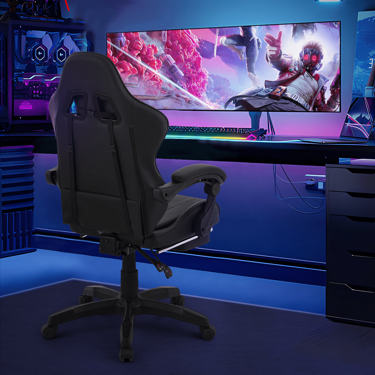 Magshion Ergonomic Swivel Gaming Chair, PC Computer Seat with Headrest & Footrest and Lumbar Support for Office, Black