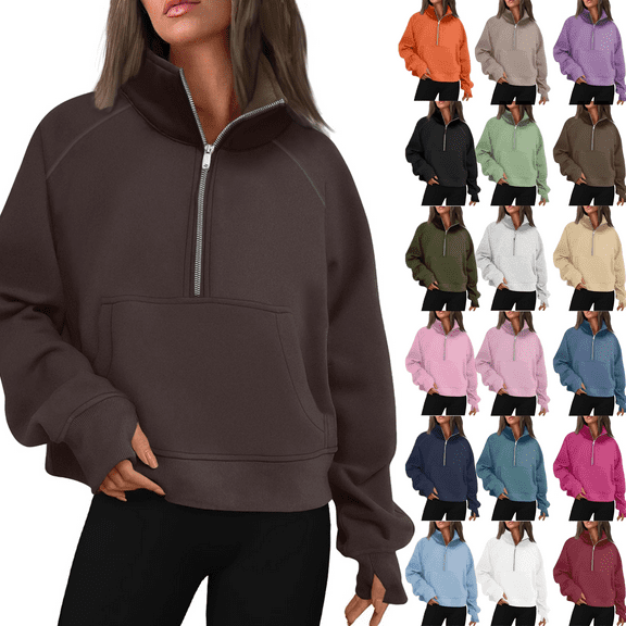 Evdexr Womens Sweatshirts Half Zip Cropped Pullover Fleece Quarter Zipper Hoodies 2025 Fall Fashion Outfits Clothes Brown L