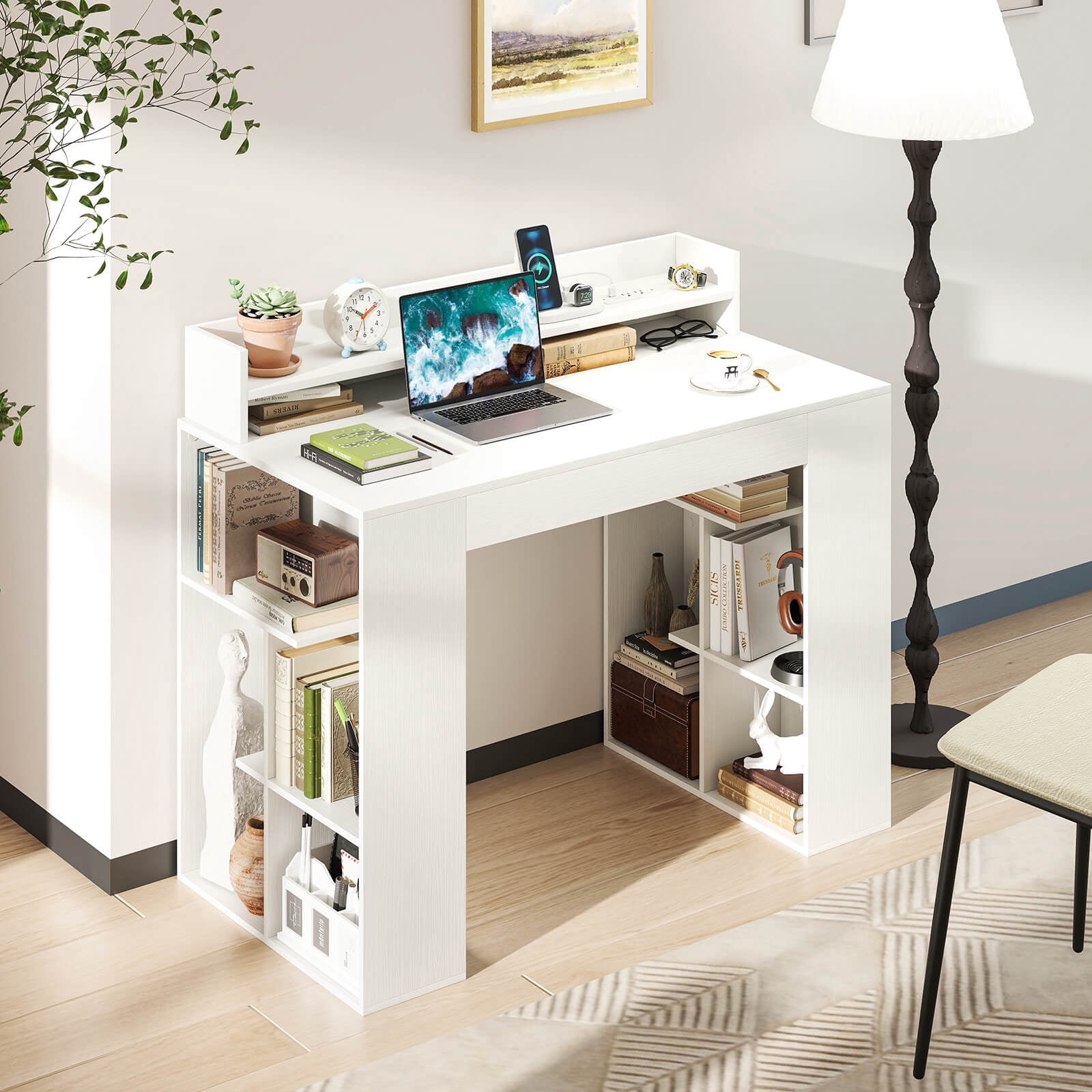 Costway 43" Home Office Desk with Power Outlets Monitor Shelf Bookshelf & Cable Hole