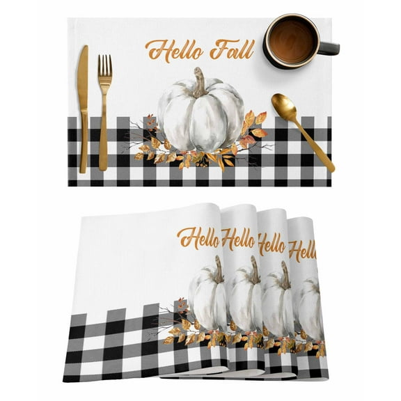 Thanksgiving Placemats Set of 12 Hello Fall White Pumpkin Black White Plaid Heat Insulation Washable Place Mats, Rustic Non-Slip Table Mats for Dining Table Party Kitchen Decor,13x19 Inch