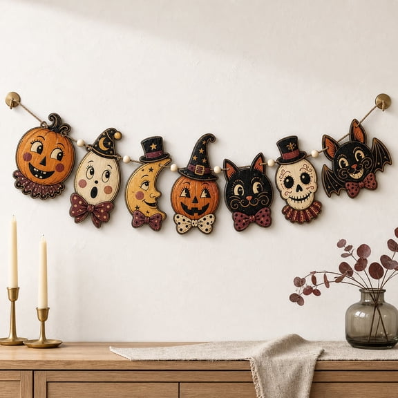 Garland Banner Vintage Halloween Black Cat Ghost Pumpkin Wooden Door Hanger Porch Decor for Gothic Home