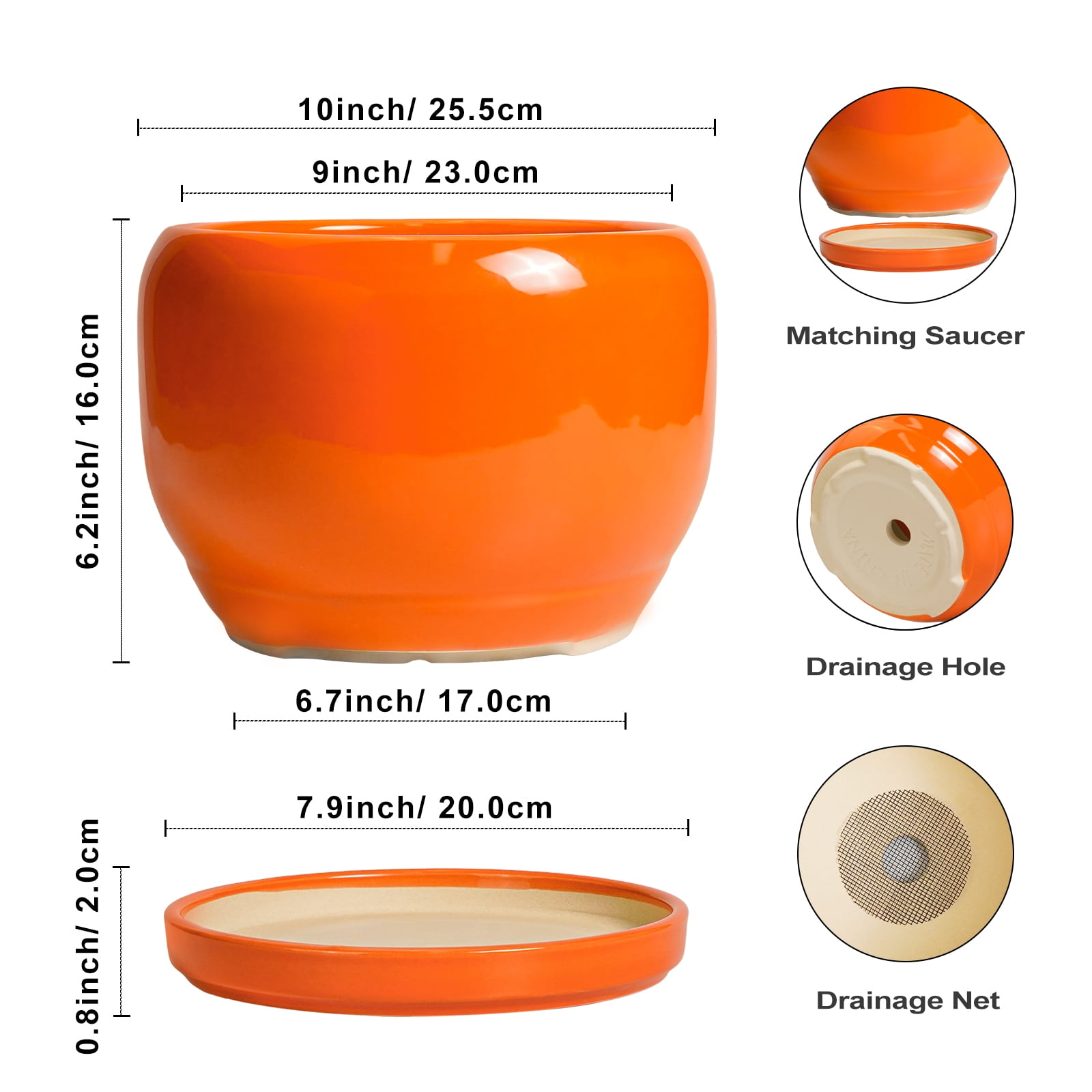 10 inch Flower Pots, Large Round Ceramic Planter with Saucer & Drainage, Modern Pot for Indoor Plants & Flowers, for Cheerful Home Decor, Glossy Orange