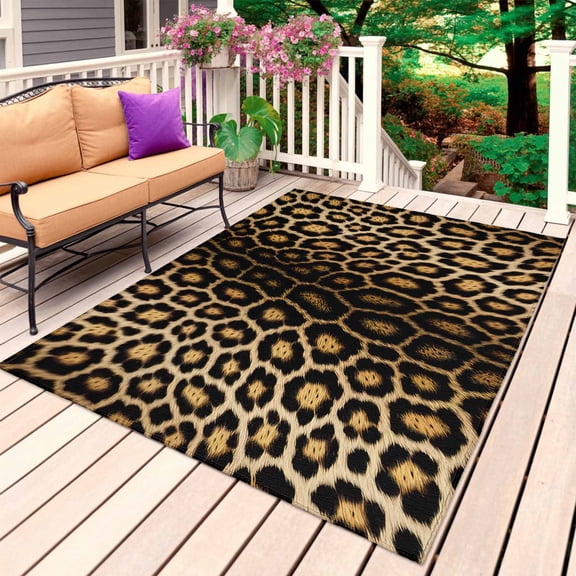 Leopard Print Outdoor Rug for Patio/Deck/Porch, Non-Slip Large Area Rug 4 x 6 Ft, Farmhouse Gradient Animals Texture Indoor Outdoor Rugs Washable Area Rugs, Reversible Camping Rug Carpet Runner