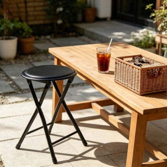 Black Folding Stool With Round Seat, Portable Space-Saving Design, 1 Pack
