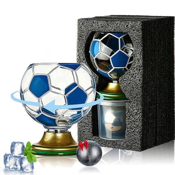 Soccer Ball Shaped Rotating Drinking Glass Cup - 10oz 360° Rotating Whiskey Glass with Gold Base, Sports Themed Gift for Soccer Fans