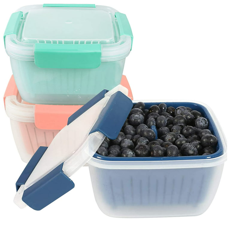 4 Pack Fruit Storage Containers for Fridge, Fruit Vegetable Storage Food Storage Containers with Airtight Lids & Colanders, Produce Saver Berry