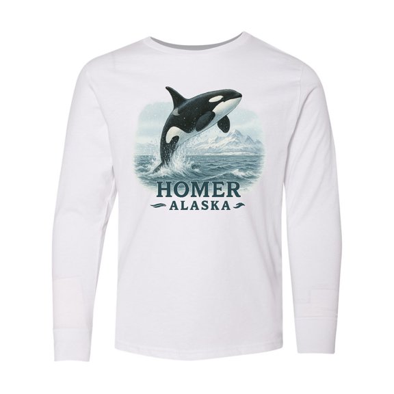 Inktastic Orca Whale Jumping Homer Alaska Scenic Long Sleeve Youth T-Shirt