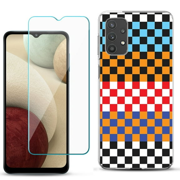 Slim-Fit TPU Phone Case compatible with Samsung Galaxy A32 5G, with Tempered Glass Screen Protector, by OneToughShield ® - Colorful Checker