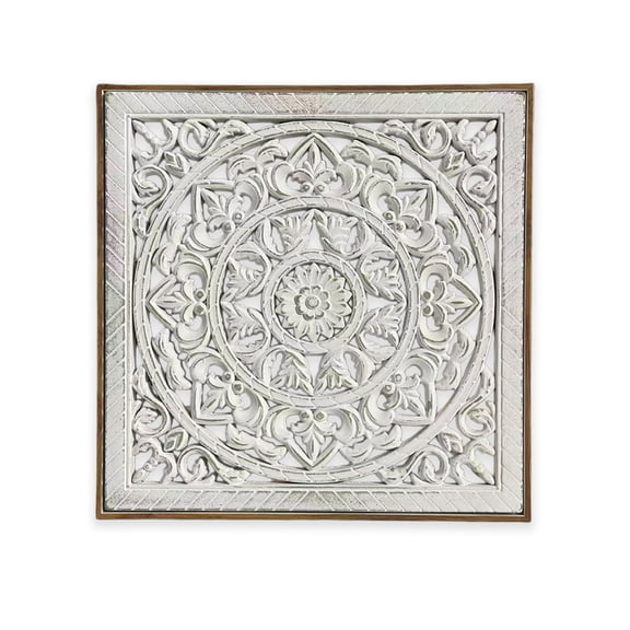 Boho Carved Wood Wall Sculpture, Intricate Floral Mandala Design with Distressed White Finish, Vintage Farmhouse Wall Art Panel with Floater Frame for Bedroom Entryway
