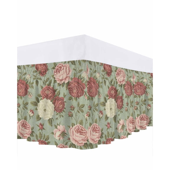 Spring Pink Roses Bed Skirt King Size 18 Inch Drop, Flowers Retro Countryside Adjustable Elastic Dust Ruffles Bedskirt for King Bed Wrap Around Pleated Mattress Frame Cover