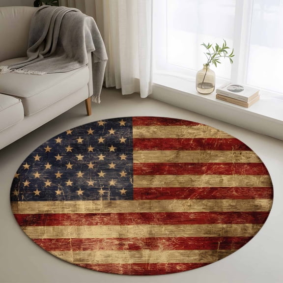 Round Rugs 3Ft, American Flag Round Area Rug Washable Indoor Throw Carpet, Farmhouse Vintage Retro Red Blue Small Non Slip Circle Rug for Bedroom Living Room Home Decor Aesthetic