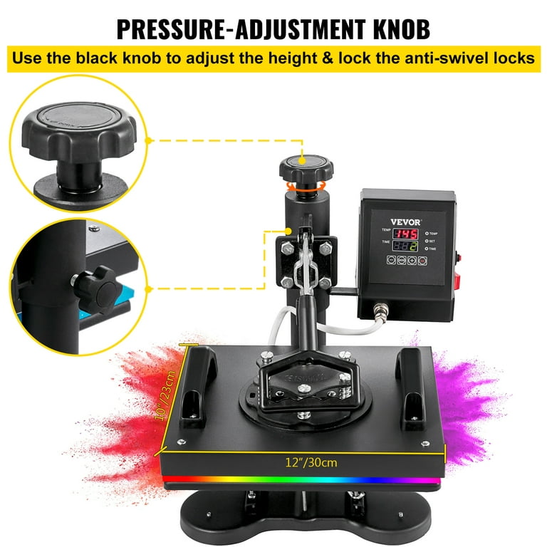Heat Press 12 x 10 Professional Heat Transfer Digital Sublimation Machine 360 Degree Swing Away for T Shirts - Black