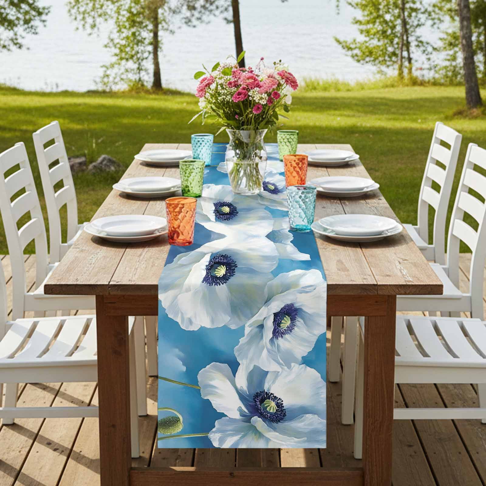 White Blue Floral 90 Inch Table Runner, Vintage Painting Art Country Spring Farmhouse Dresser Scarf Cotton & Linen Tablerunner for Dining/Kitchen Island/Holiday Party Décor 13" x 90"