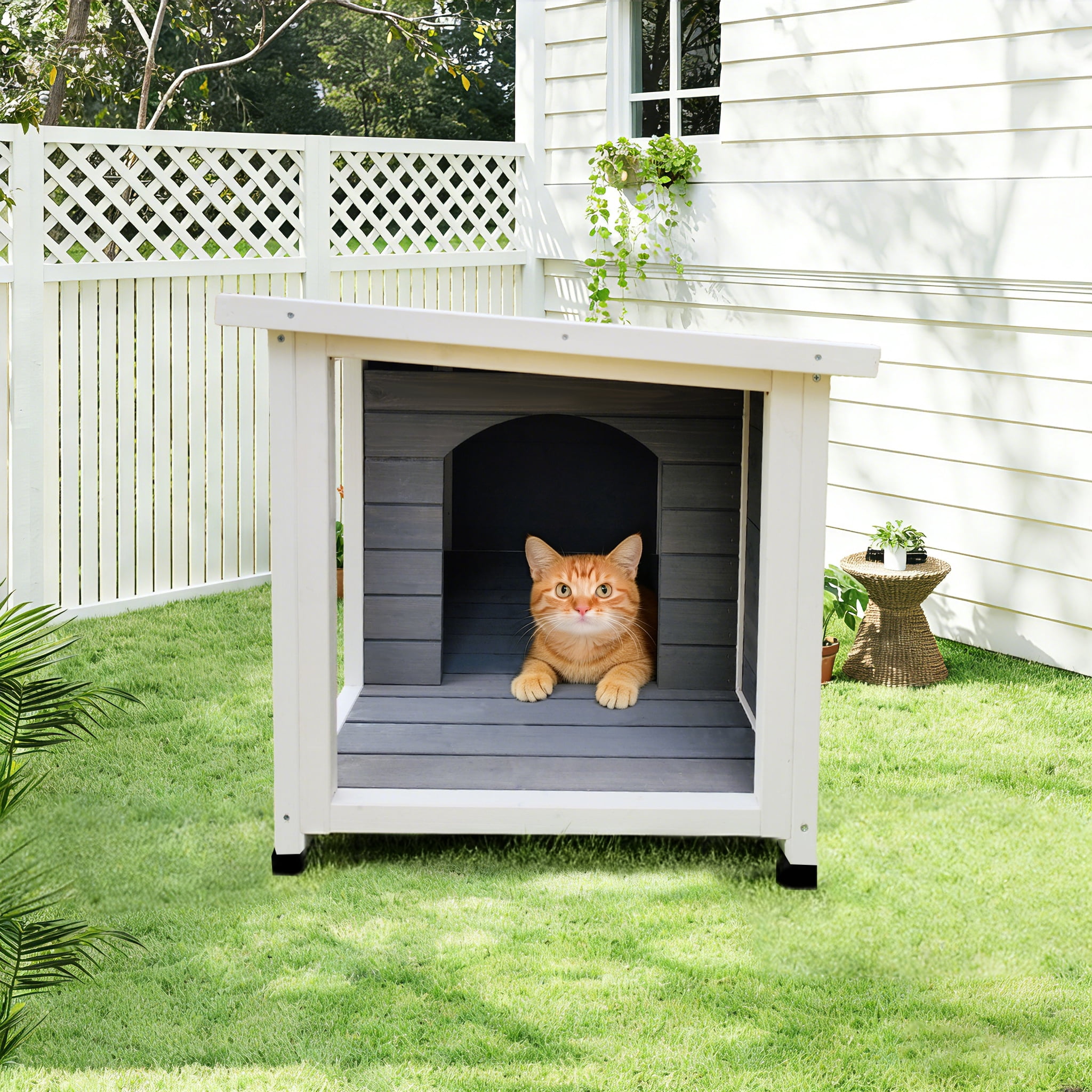 Outdoor Gray Cat House with Waterproof Roof, Ventilated Windows, and Sturdy Metal Support, Pet Shelter for Cats