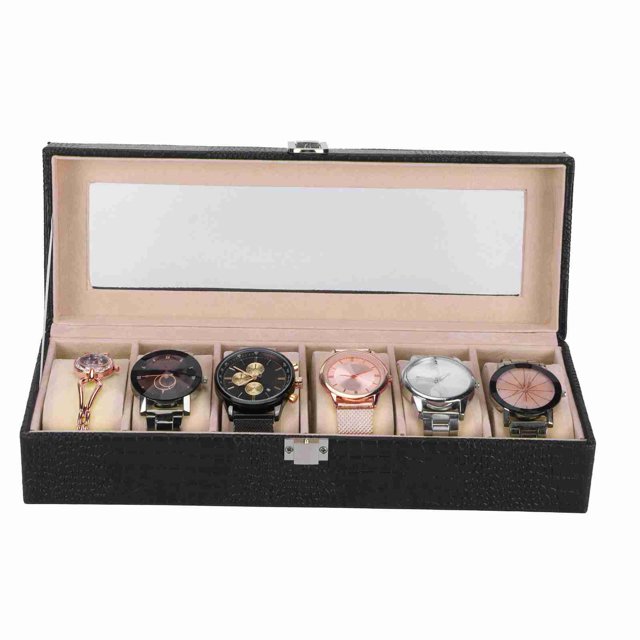 Reloj Caja De Reloj De 6 Ranuras Cuero De PU Reloj De Pulsera Rectangular Vitrina Organizador Regalo Negro